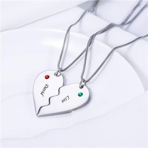 Stainless Steel Personalized Key Heart Puzzle Necklace Set with Birthstones - Picture 4 of 7